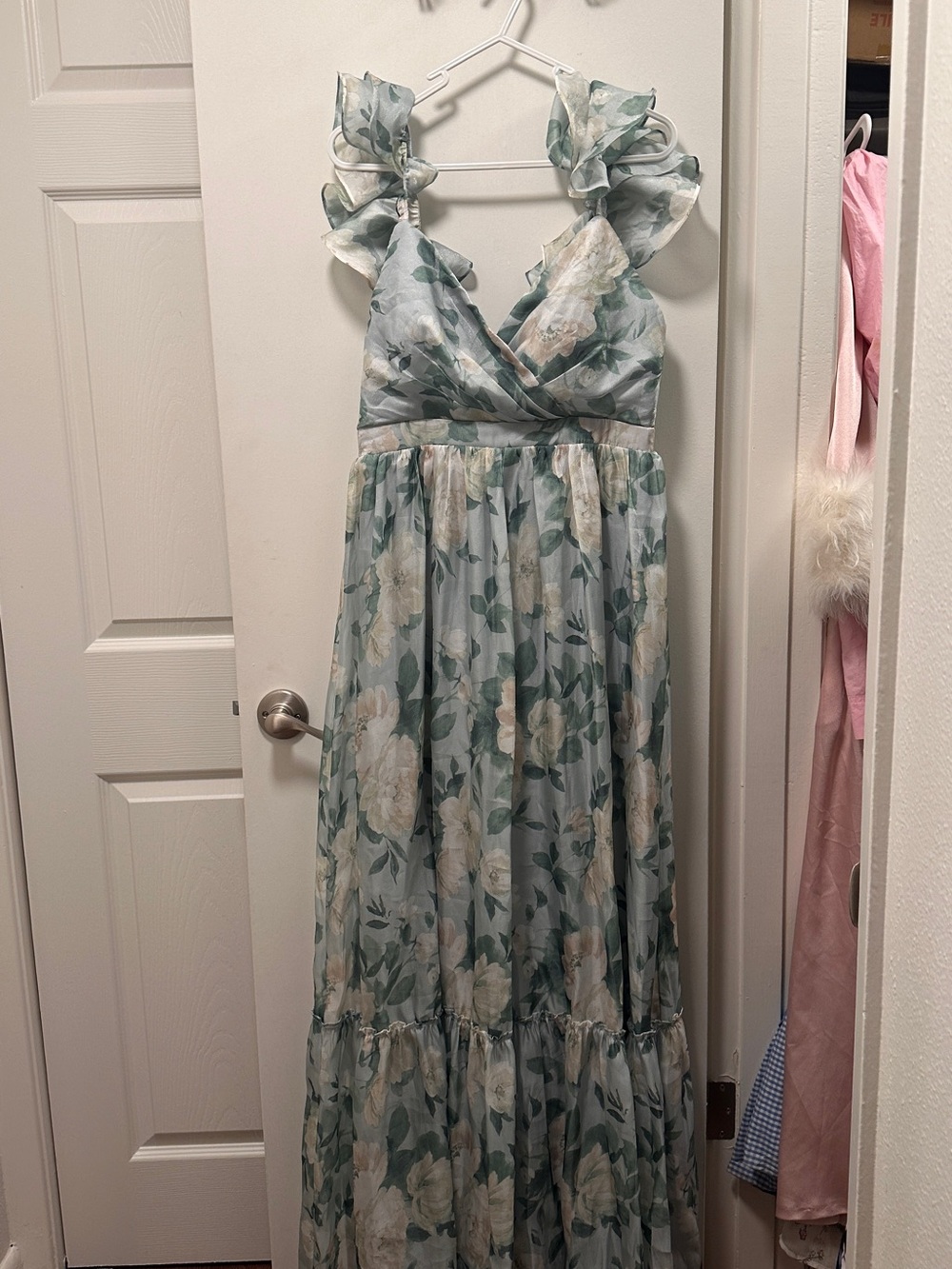 Lulus Floral Ruffle Strap Maxi Dress in Sage Green and light blue